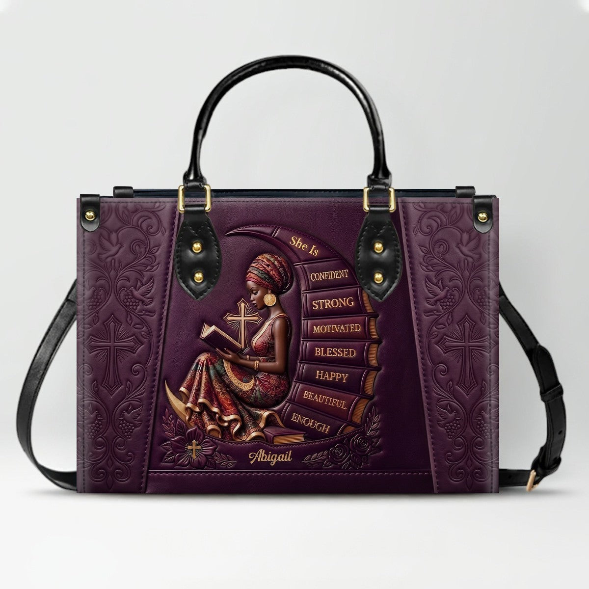Personalized Leather Handbag for Christian Women - Custom Name, Skin Tone & Color "She Is" Affirmation Tote Bag | CHRISTIANARTBAG 01080326