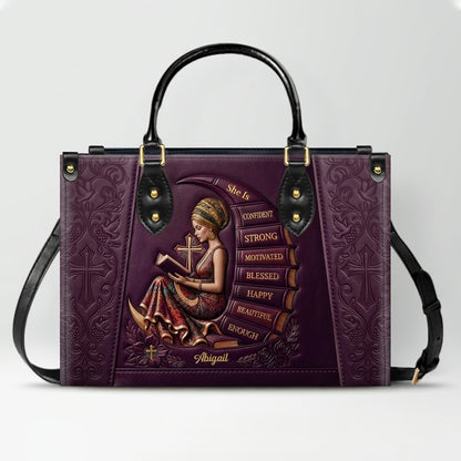 Personalized Leather Handbag for Christian Women - Custom Name, Skin Tone & Color "She Is" Affirmation Tote Bag | CHRISTIANARTBAG 01080326