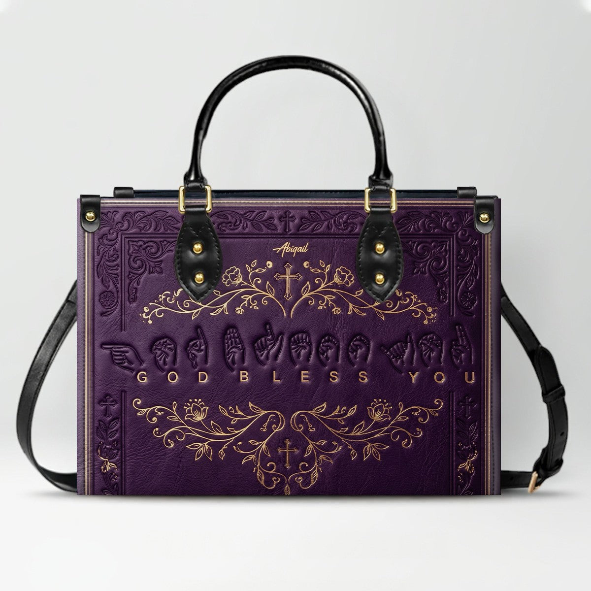 Personalized Christian ASL God Bless You Leather Handbag - Custom Name Christian Leather Tote Bag - CHRISTIANARTBAG CAB01101426