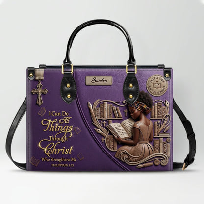 Personalized Leather Handbag | Girl Loves Books - I Can Do All Things Through Christ | CHRISTIANARTBAG CAB0171826