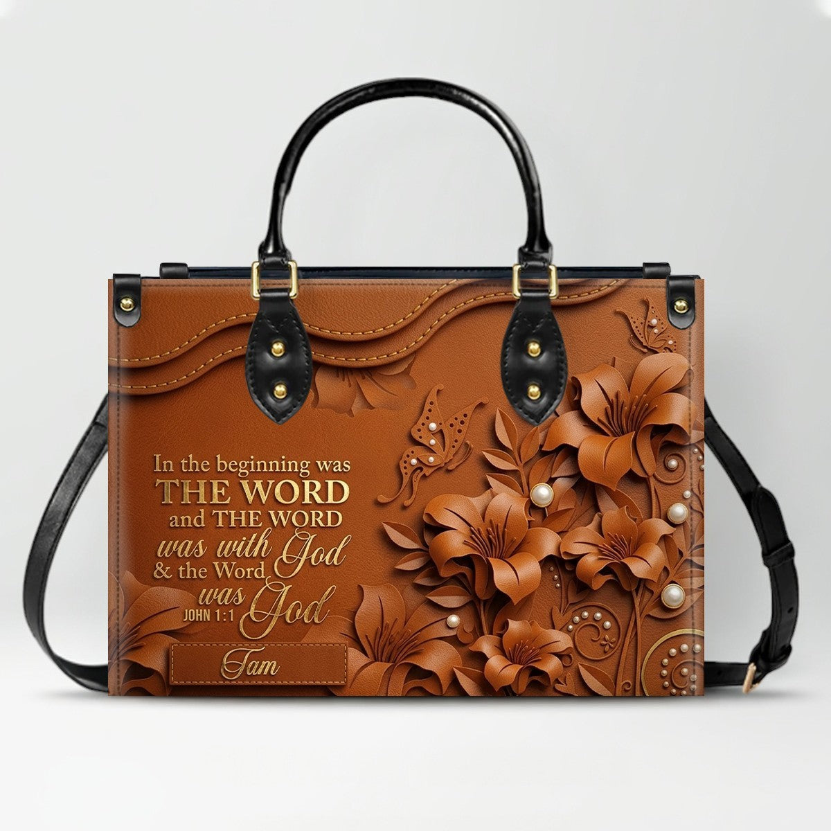 Custom Christian Leather Handbag with Name – John 1:1 Scripture Floral Purse | CHRISTIANARTBAG CA01100726