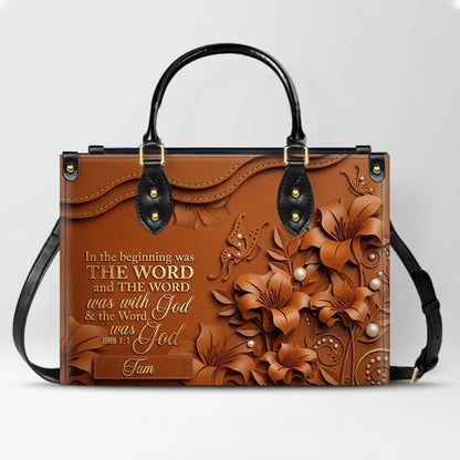 Custom Christian Leather Handbag with Name – John 1:1 Scripture Floral Purse | CHRISTIANARTBAG CA01100726