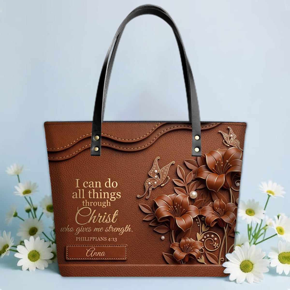 Personalized Christian Leather Tote Bag - 3D Floral Butterfly & Bible Verse Philippians 4:13 | Custom Name & Color - CHRISTIANARTBAG CAB01101326