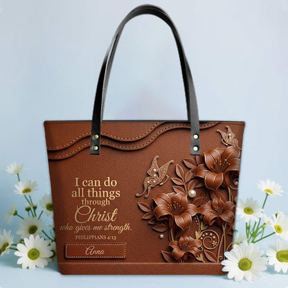 Personalized Christian Leather Tote Bag - 3D Floral Butterfly & Bible Verse Philippians 4:13 | Custom Name & Color - CHRISTIANARTBAG CAB01101326