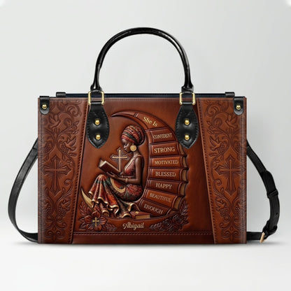 Personalized Leather Handbag for Christian Women - Custom Name, Skin Tone & Color "She Is" Affirmation Tote Bag | CHRISTIANARTBAG 01080326
