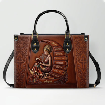 Personalized Leather Handbag for Christian Women - Custom Name, Skin Tone & Color "She Is" Affirmation Tote Bag | CHRISTIANARTBAG 01080326