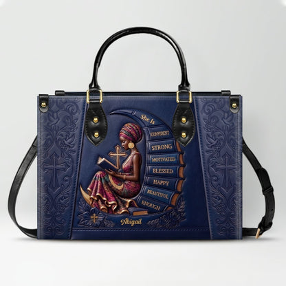 Personalized Leather Handbag for Christian Women - Custom Name, Skin Tone & Color "She Is" Affirmation Tote Bag | CHRISTIANARTBAG 01080326