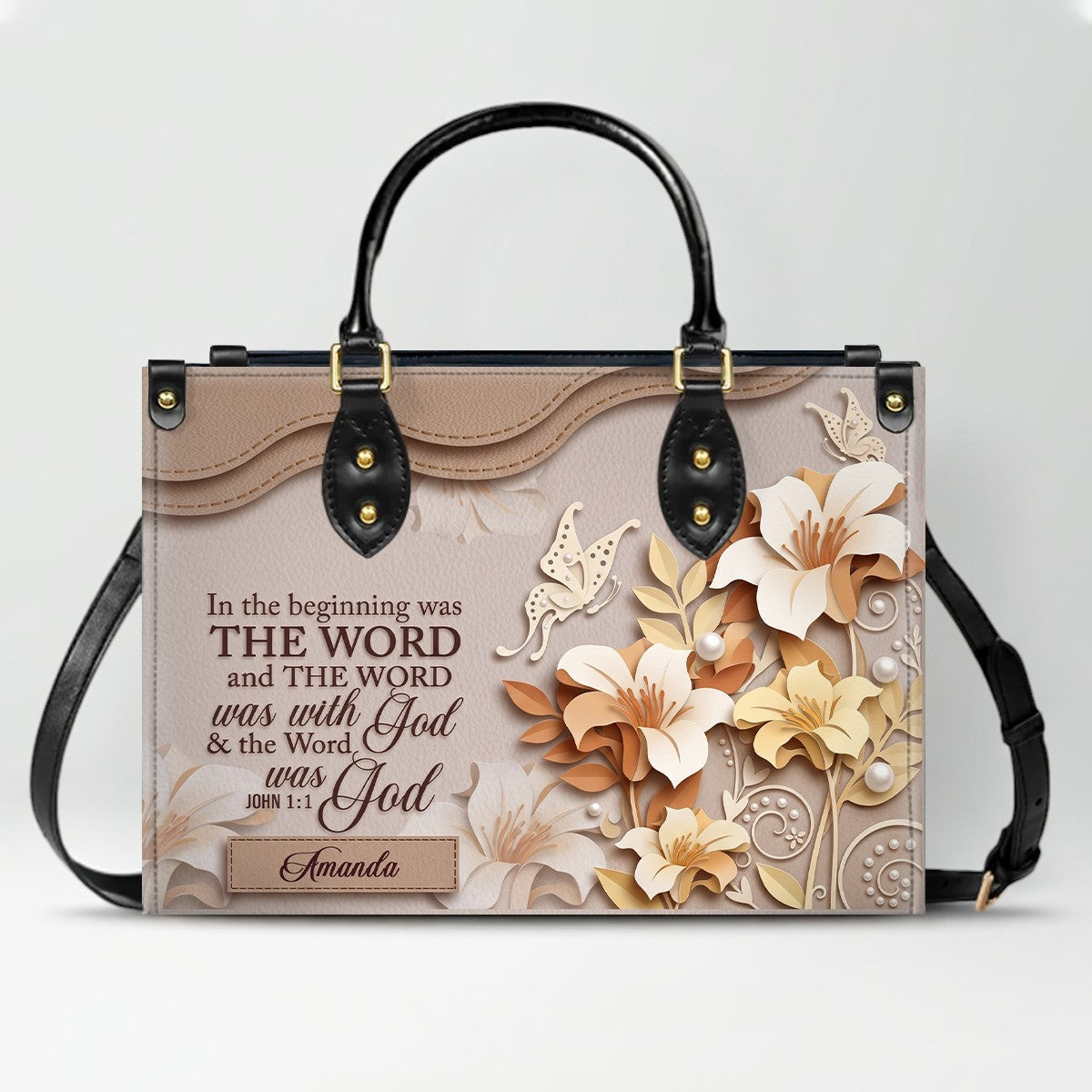 Custom Christian Leather Handbag with Name – John 1:1 Scripture Floral Purse | CHRISTIANARTBAG CA01100726