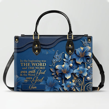 Custom Christian Leather Handbag with Name – John 1:1 Scripture Floral Purse | CHRISTIANARTBAG CA01100726