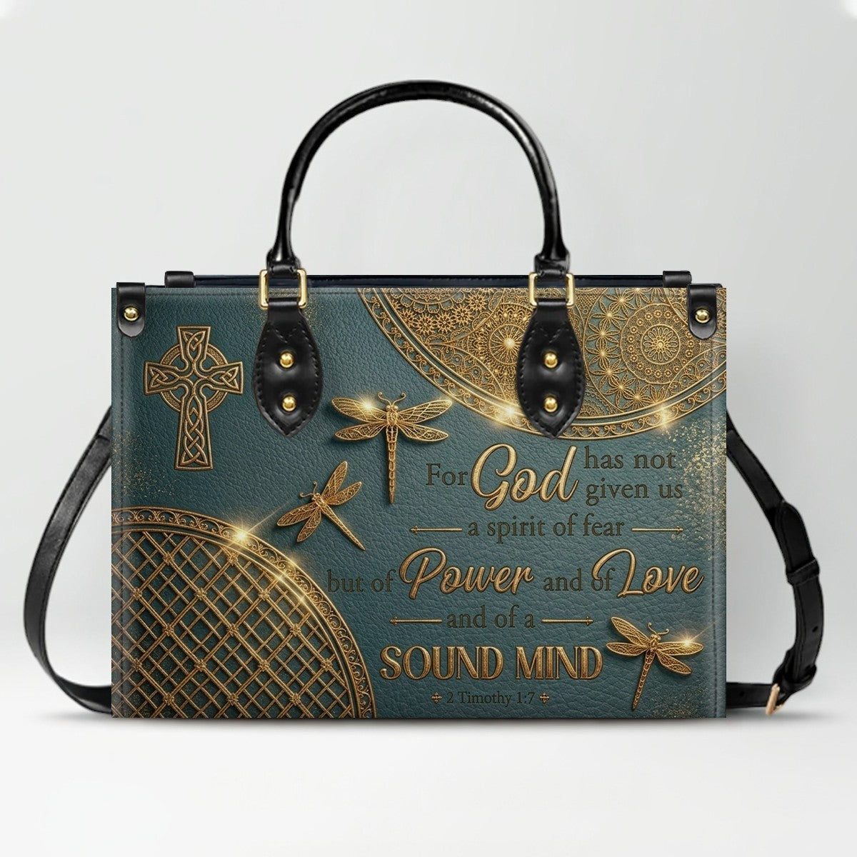 Personalized Leather Handbag | Custom Cross & Dragonfly Design - Gold Line Art - Religious Gift for Women - 2 Timothy 1:7 Scripture | CHRISTIANARTBAG CAB0171526