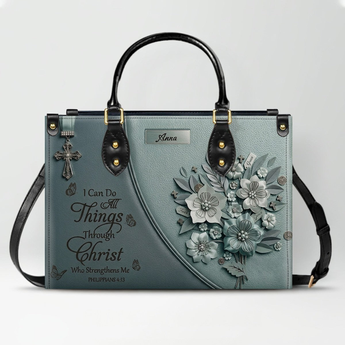 Custom Name Christian Leather Handbag by CHRISTIANARTBAG | I Can Do All Things Shoulder Bag, Religious Floral Gift for Her CAB01070126