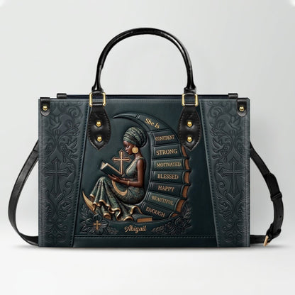 Personalized Leather Handbag for Christian Women - Custom Name, Skin Tone & Color "She Is" Affirmation Tote Bag | CHRISTIANARTBAG 01080326
