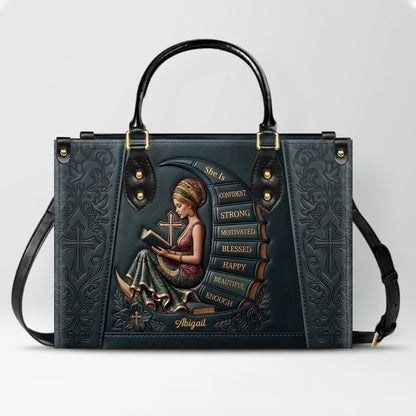 Personalized Leather Handbag for Christian Women - Custom Name, Skin Tone & Color "She Is" Affirmation Tote Bag | CHRISTIANARTBAG 01080326