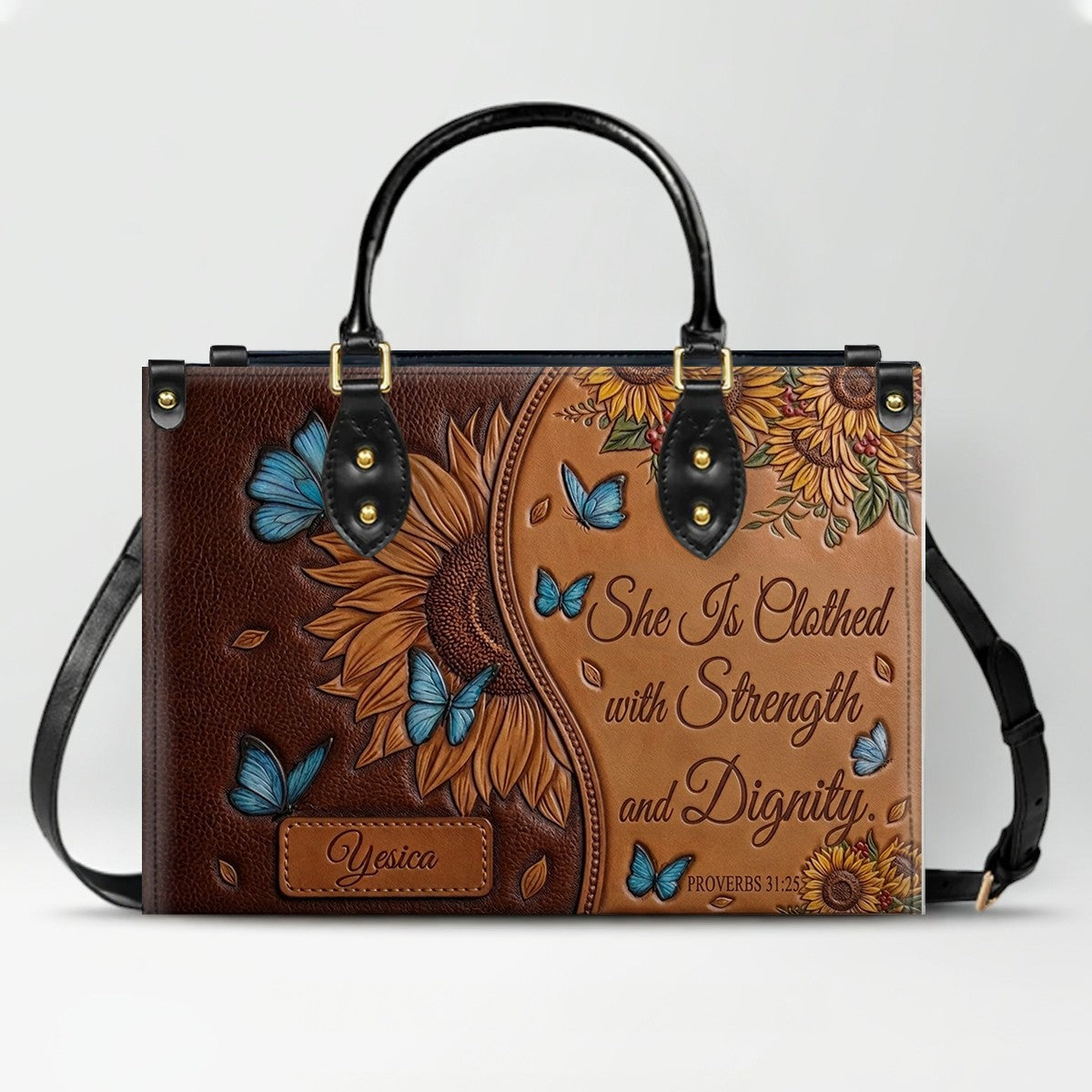 CHRISTIANARTBAG Personalized Leather Handbag with Sunflower & Bible Verse - Custom Name Christian Scripture Tote Bag CAB01070726