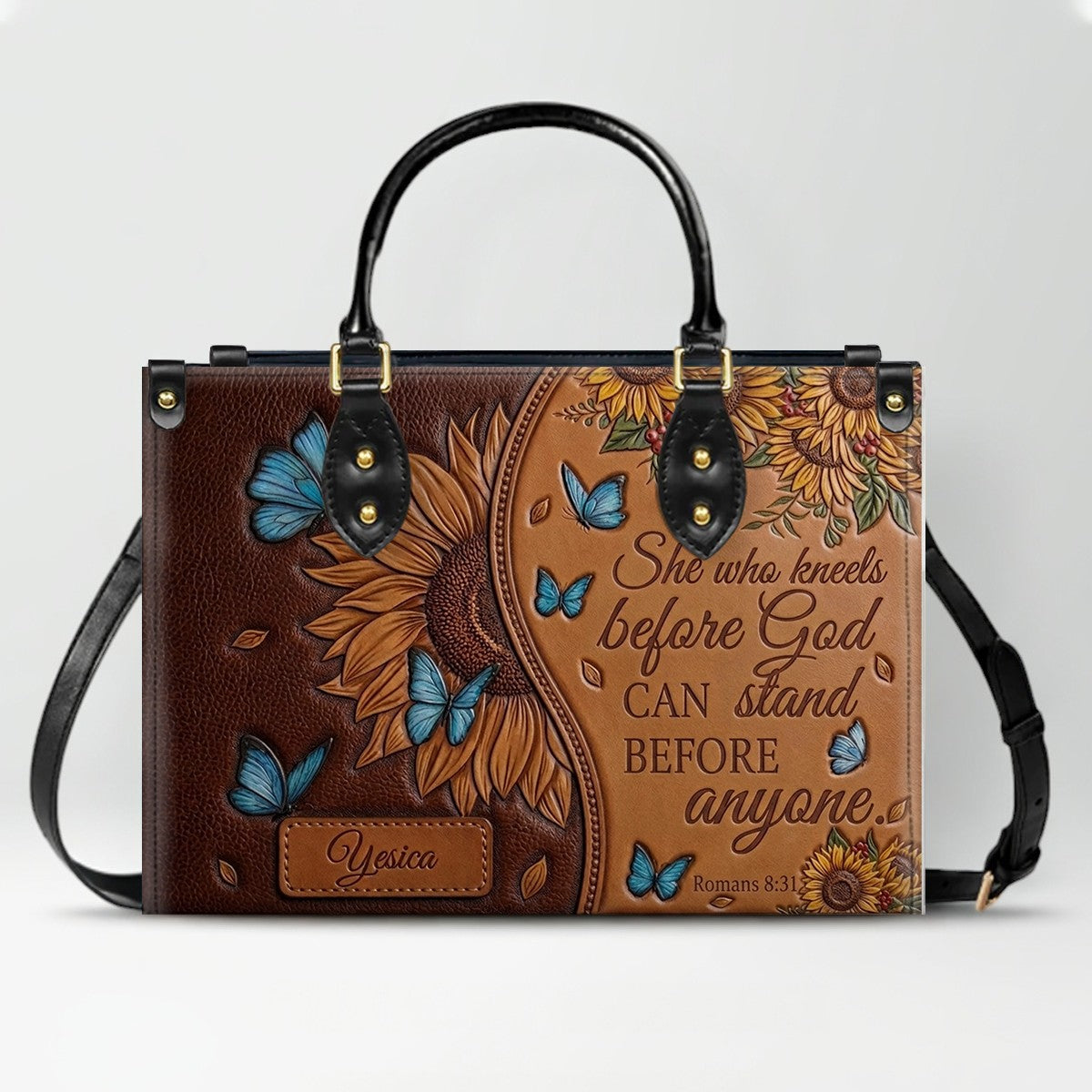 CHRISTIANARTBAG Personalized Leather Handbag with Sunflower & Bible Verse - Custom Name Christian Scripture Tote Bag CAB01070726