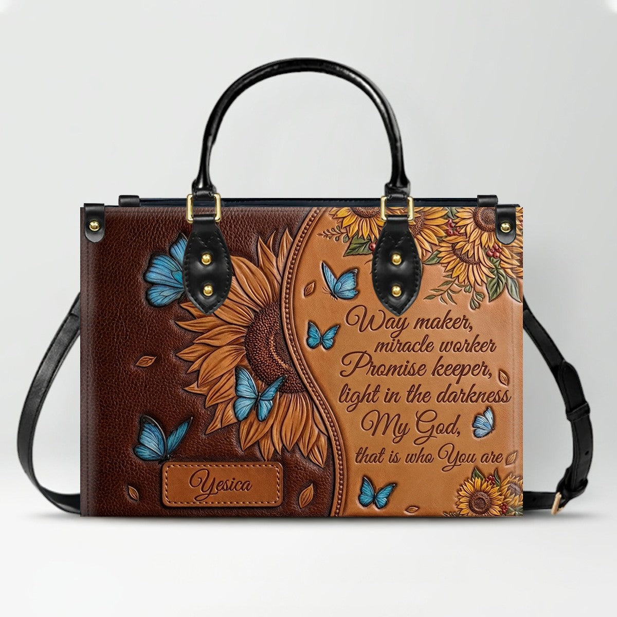 CHRISTIANARTBAG Personalized Leather Handbag with Sunflower & Bible Verse - Custom Name Christian Scripture Tote Bag CAB01070726