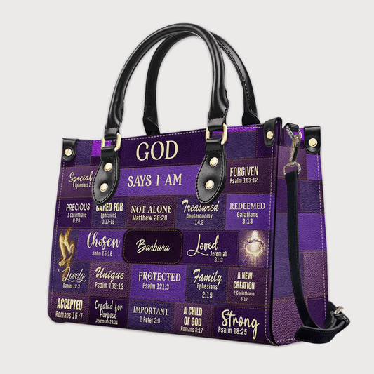 Personalized Christian Handbag – “God Says I Am” Scripture Tote Bag with Name Customization – Inspirational Bible Verse Purse for Women