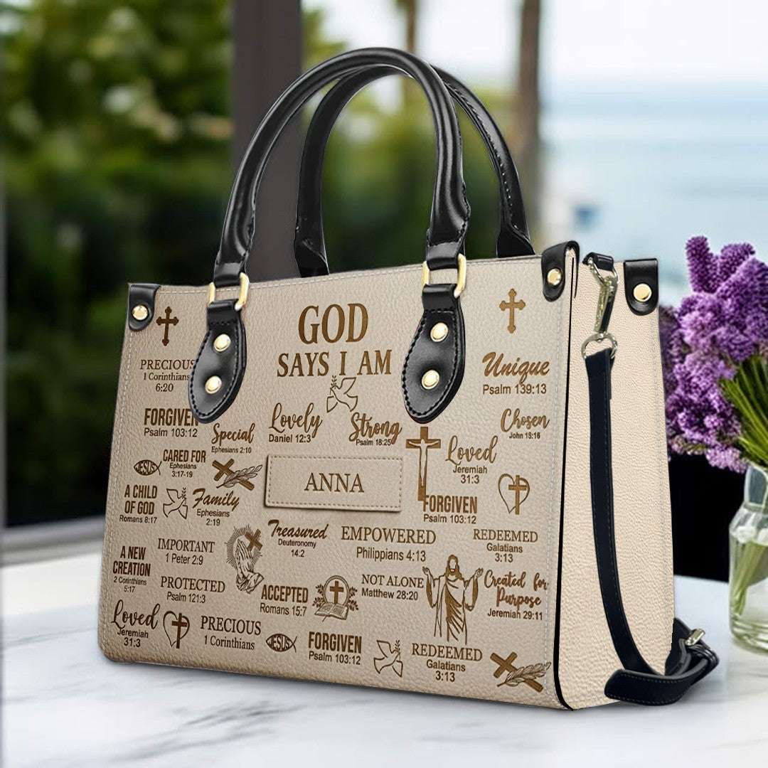 Personalized Christian Leather Handbag - Custom Name God Says I Am Bible Verse Tote Bag | CHRISTIANARTBAG 01072126