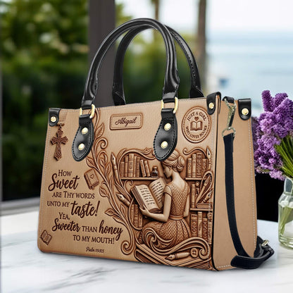 Personalized Bible Verse Leather Handbag | Scripture Psalm 119:103 Book Lover Gift | Just A Girl Who Loves Books Tote | CHRISTIANARTBAG 01072026