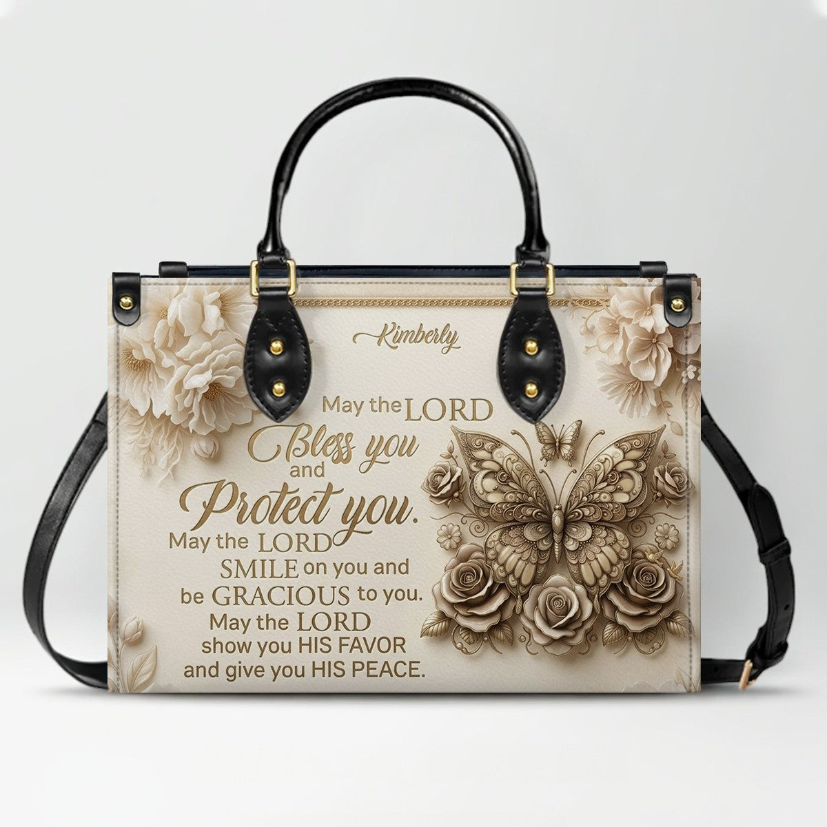 CHRISTIANARTBAG Personalized Leather Handbag, Custom Name & Color, "May The Lord Bless You" Butterfly & Floral Design, Luxury Christian Tote Bag CAB01072226