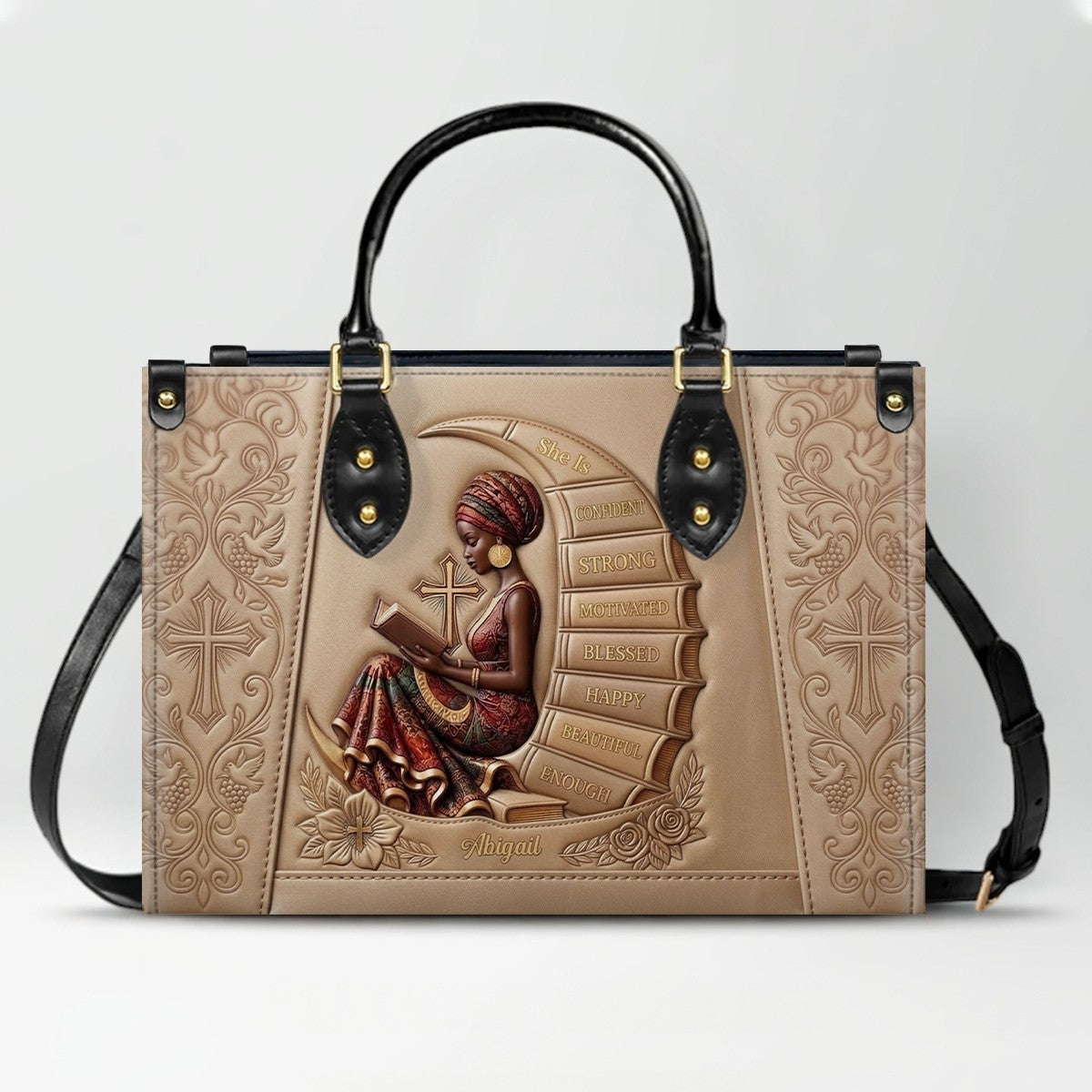 Personalized Leather Handbag for Christian Women - Custom Name, Skin Tone & Color "She Is" Affirmation Tote Bag | CHRISTIANARTBAG 01080326