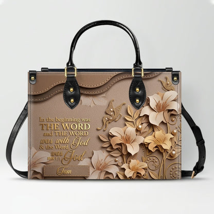 Custom Christian Leather Handbag with Name – John 1:1 Scripture Floral Purse | CHRISTIANARTBAG CA01100726
