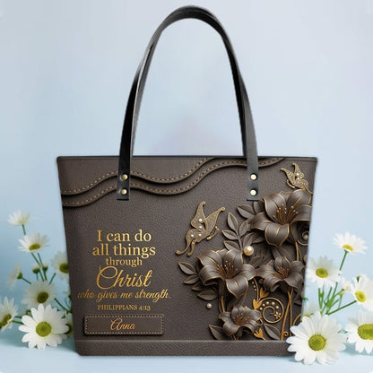 Personalized Christian Leather Tote Bag - 3D Floral Butterfly & Bible Verse Philippians 4:13 | Custom Name & Color - CHRISTIANARTBAG CAB01101326