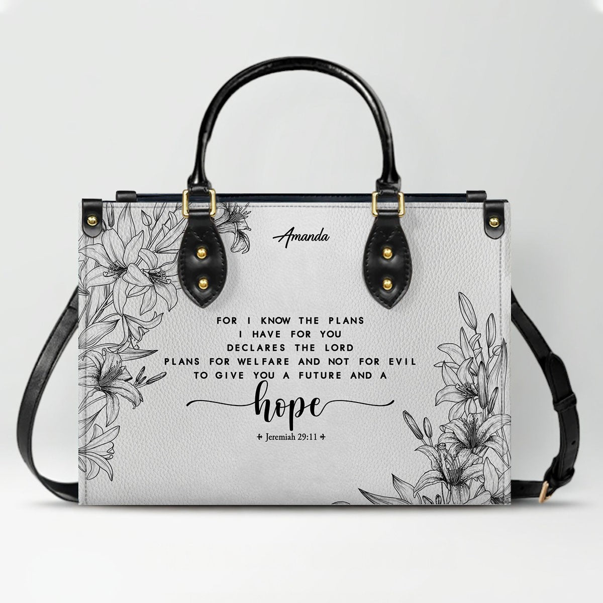 CHRISTIANARTBAG Personalized SET White Leather Bag with Wallet - Custom Bible Verse Handbag - Floral Christian Gifts for Her - Numbers 6:24-26 Blessing Tote