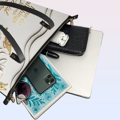 Personalized Christian Leather Tote Bag - 3D Floral Butterfly & Bible Verse Philippians 4:13 | Custom Name & Color - CHRISTIANARTBAG CAB01101326