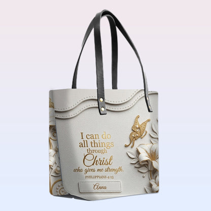 Personalized Christian Leather Tote Bag - 3D Floral Butterfly & Bible Verse Philippians 4:13 | Custom Name & Color - CHRISTIANARTBAG CAB01101326