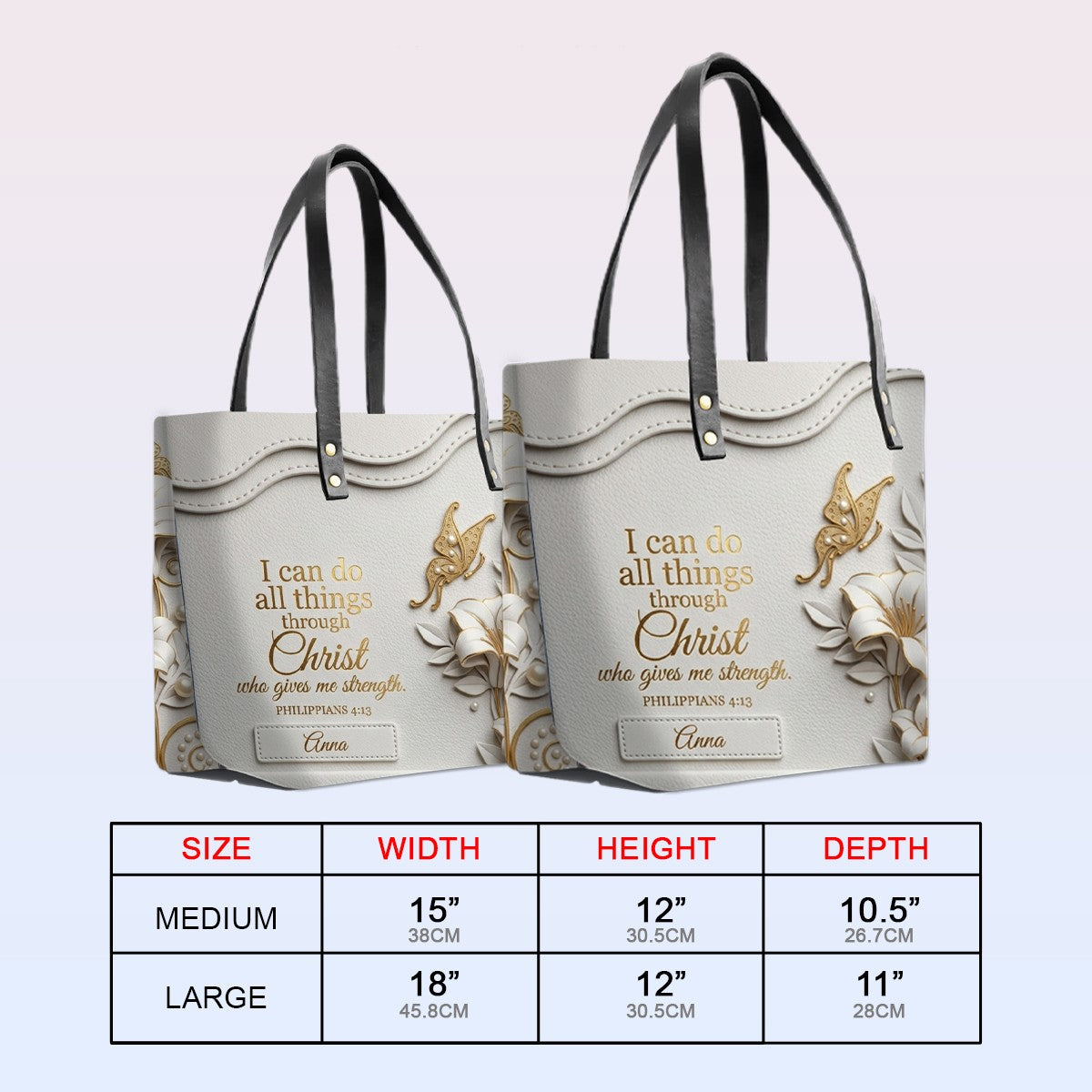 Personalized Christian Leather Tote Bag - 3D Floral Butterfly & Bible Verse Philippians 4:13 | Custom Name & Color - CHRISTIANARTBAG CAB01101326