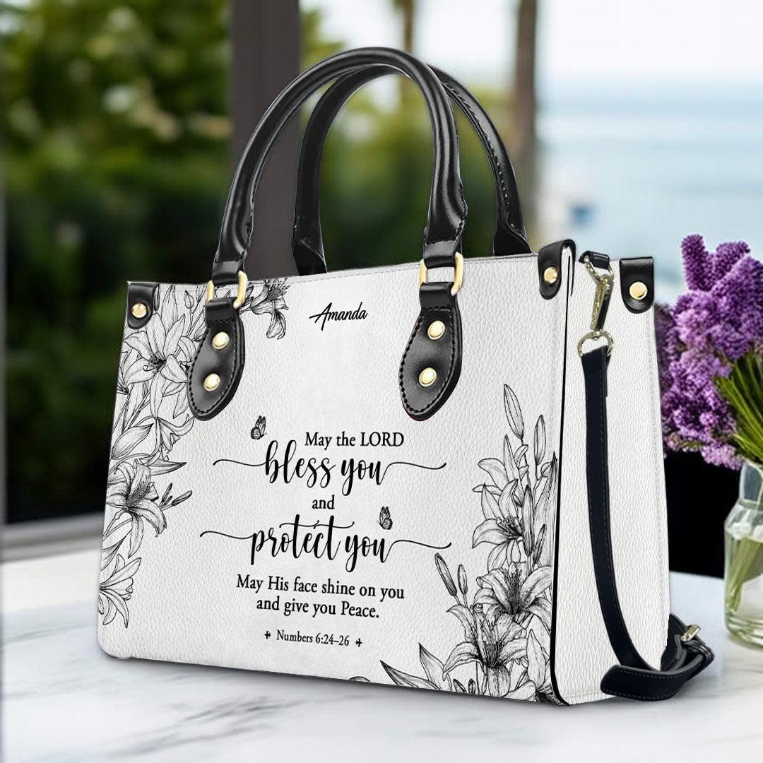 CHRISTIANARTBAG Personalized SET White Leather Bag with Wallet - Custom Bible Verse Handbag - Floral Christian Gifts for Her - Numbers 6:24-26 Blessing Tote
