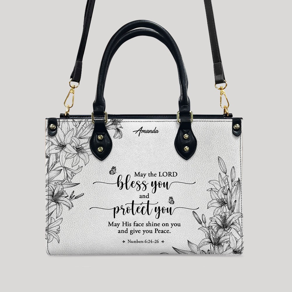 CHRISTIANARTBAG Personalized SET White Leather Bag with Wallet - Custom Bible Verse Handbag - Floral Christian Gifts for Her - Numbers 6:24-26 Blessing Tote