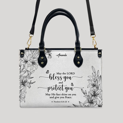 CHRISTIANARTBAG Personalized SET White Leather Bag with Wallet - Custom Bible Verse Handbag - Floral Christian Gifts for Her - Numbers 6:24-26 Blessing Tote