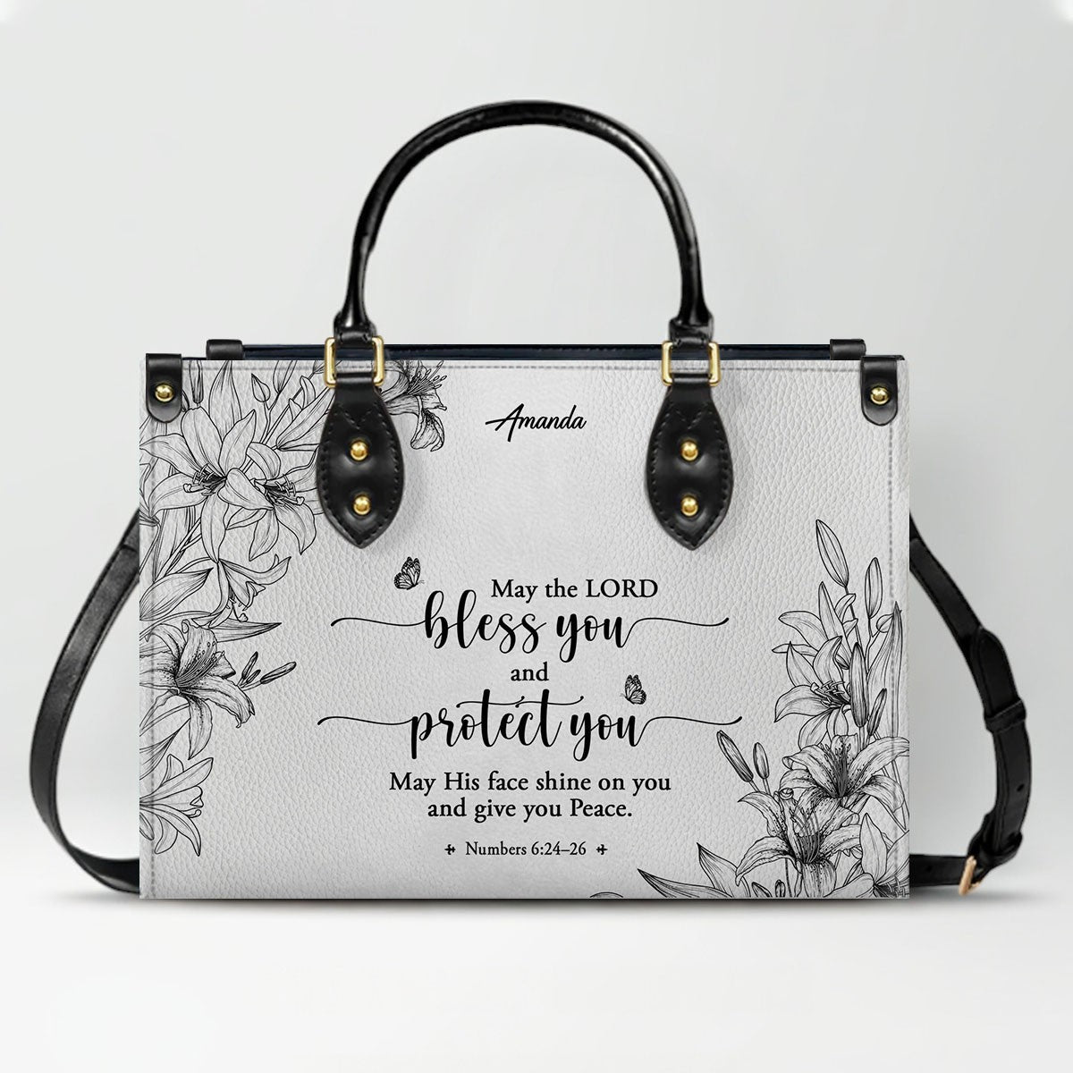 CHRISTIANARTBAG Personalized SET White Leather Bag with Wallet - Custom Bible Verse Handbag - Floral Christian Gifts for Her - Numbers 6:24-26 Blessing Tote