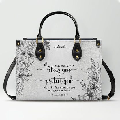 CHRISTIANARTBAG Personalized SET White Leather Bag with Wallet - Custom Bible Verse Handbag - Floral Christian Gifts for Her - Numbers 6:24-26 Blessing Tote