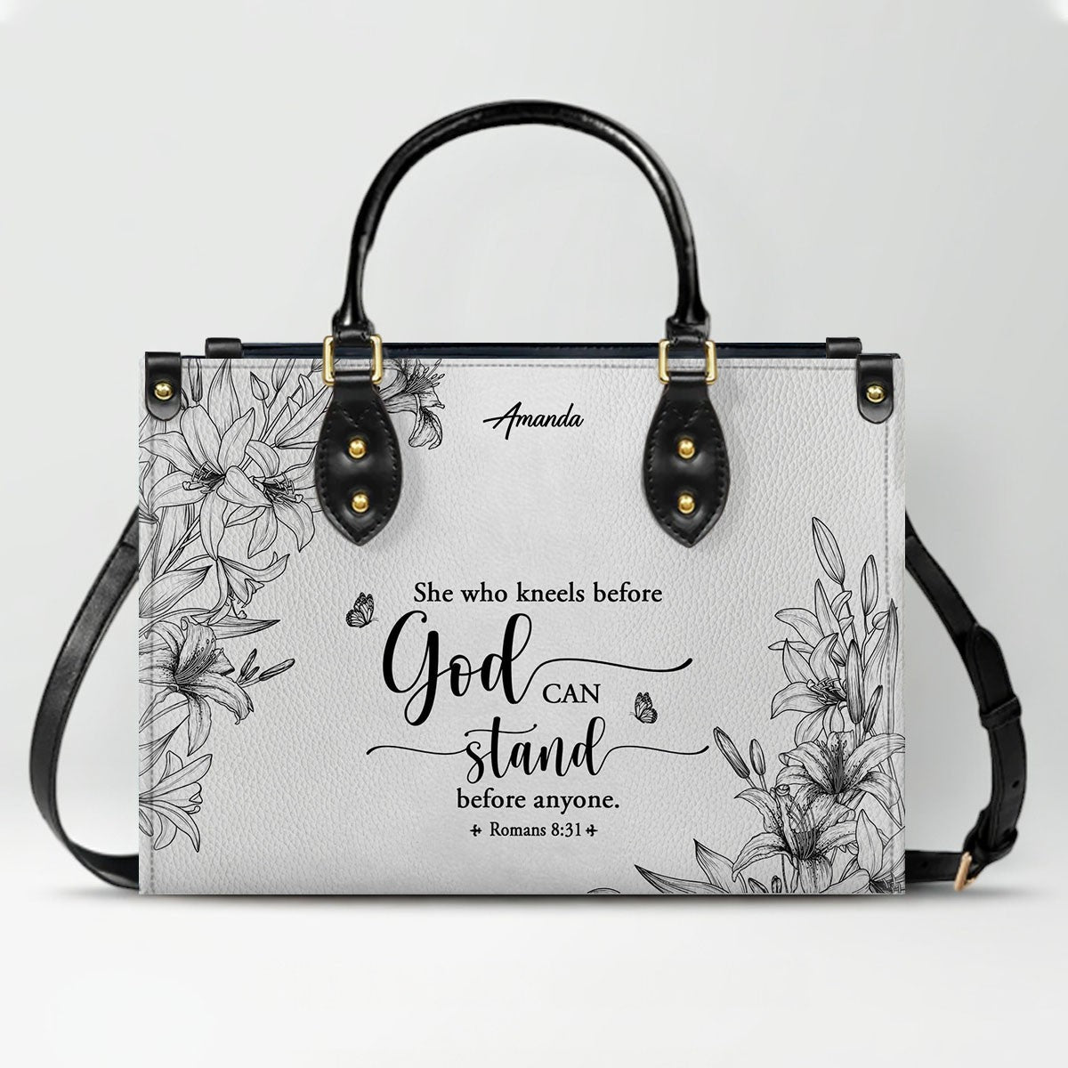 CHRISTIANARTBAG Personalized SET White Leather Bag with Wallet - Custom Bible Verse Handbag - Floral Christian Gifts for Her - Numbers 6:24-26 Blessing Tote
