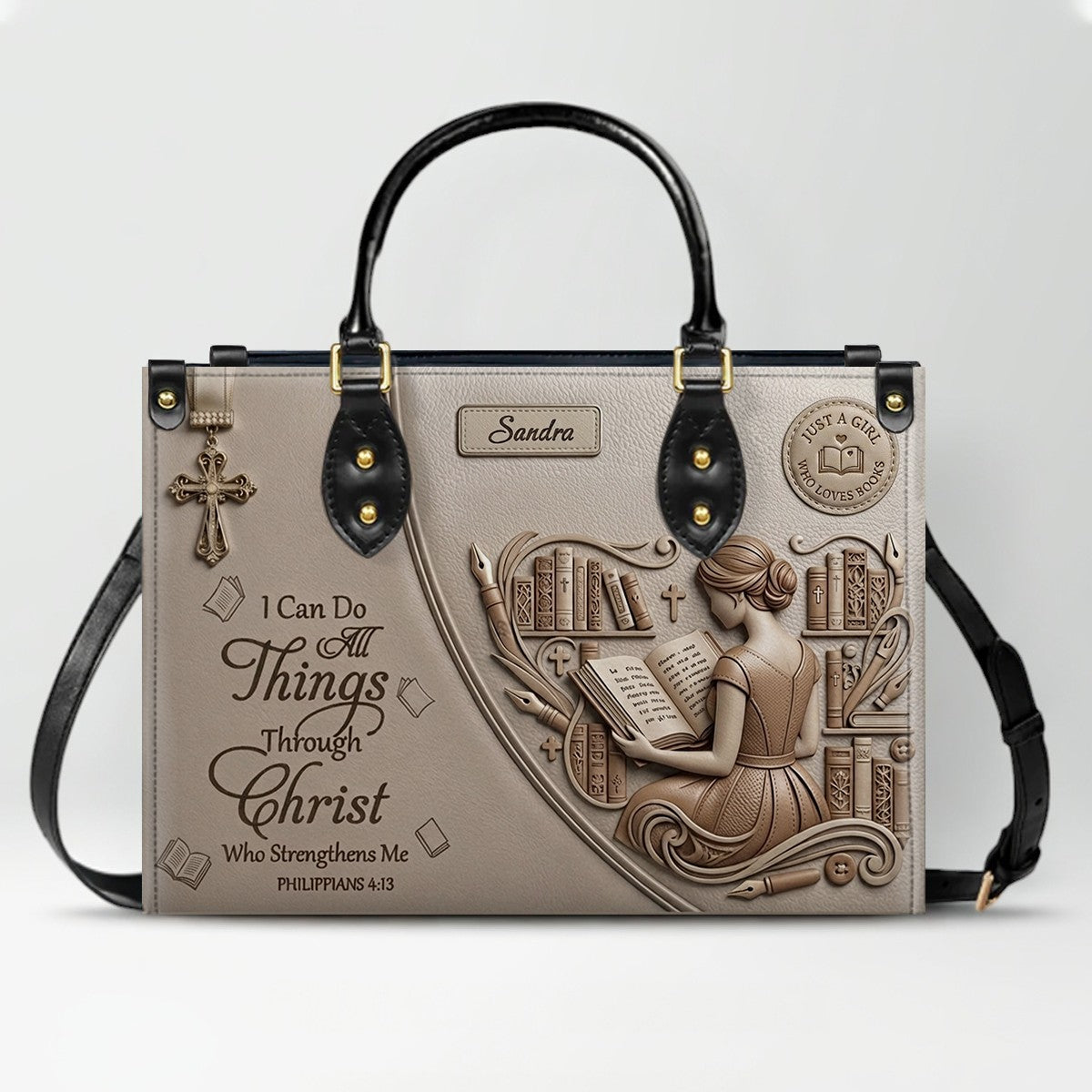 Personalized Leather Handbag | Girl Loves Books - I Can Do All Things Through Christ | CHRISTIANARTBAG CAB0171826