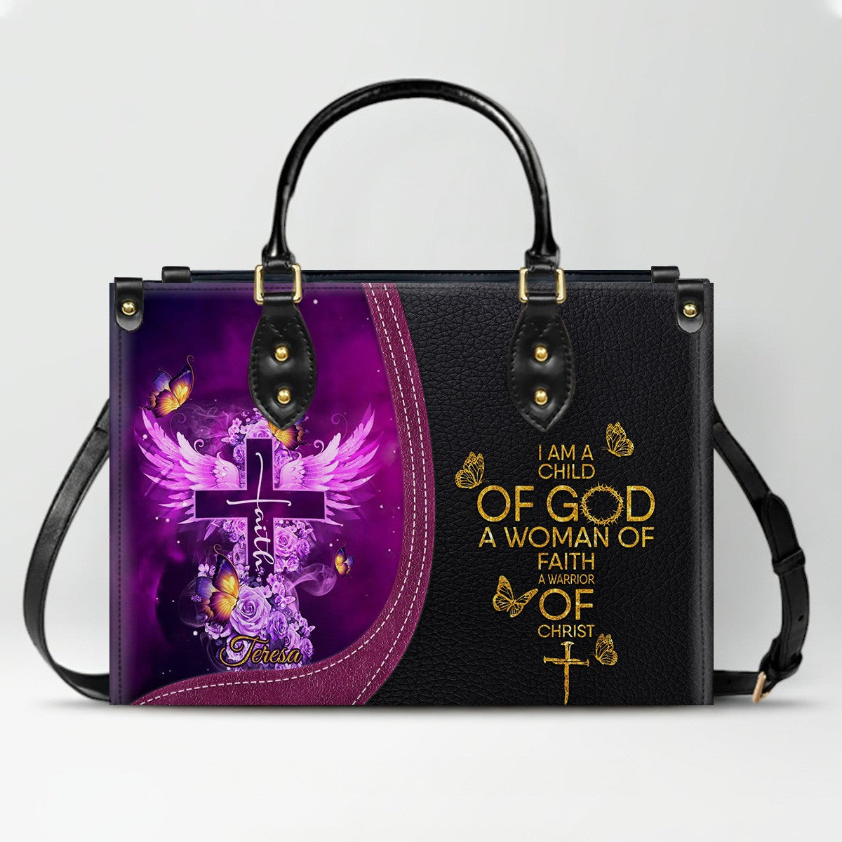 Personalized Christian Leather Handbag by CHRISTIANARTBAG - Custom Bible Verse Cross & Wings Design - Faith-Based Gift for Women CAB0141726