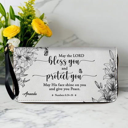 CHRISTIANARTBAG Personalized SET White Leather Bag with Wallet - Custom Bible Verse Handbag - Floral Christian Gifts for Her - Numbers 6:24-26 Blessing Tote