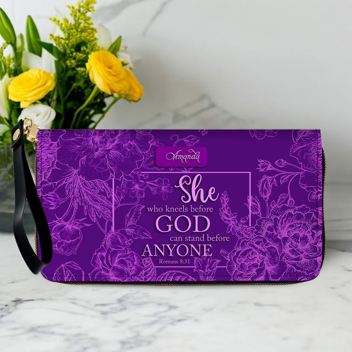 CHRISTIANARTBAG Personalized Leather Handbag | Custom Name Christian Bible Verse Tote Bag | Floral Purple Crossbody Purse for Religious Women Gift CAB017926