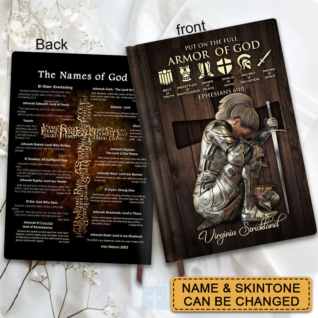 Personalized Leather Notebook – Armor of God & Names of God Christian Journal, Custom Name & Skin Tone