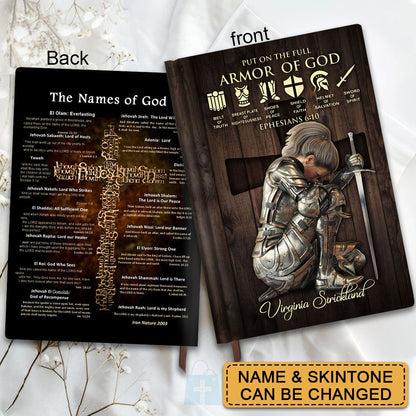 Personalized Leather Notebook – Armor of God & Names of God Christian Journal, Custom Name & Skin Tone