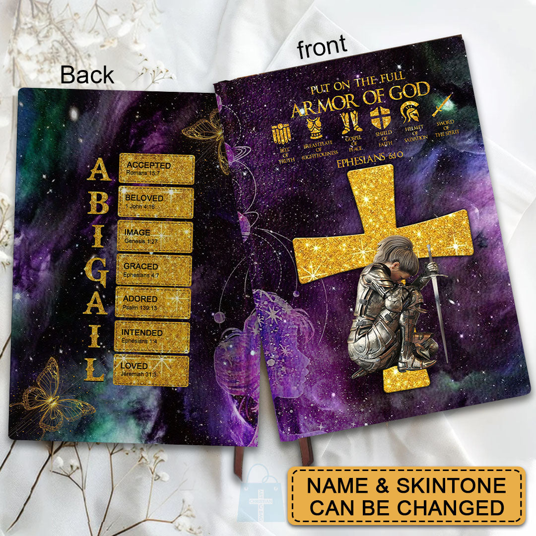 Personalized Leather Notebook – Armor of God Design with Custom Name & Skin Tone | Bible Verses for Each Letter | Christian Gift