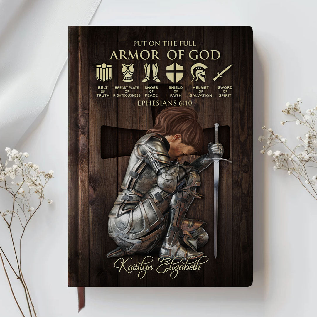 Personalized Leather Notebook – Armor of God & Names of God Christian Journal, Custom Name & Skin Tone