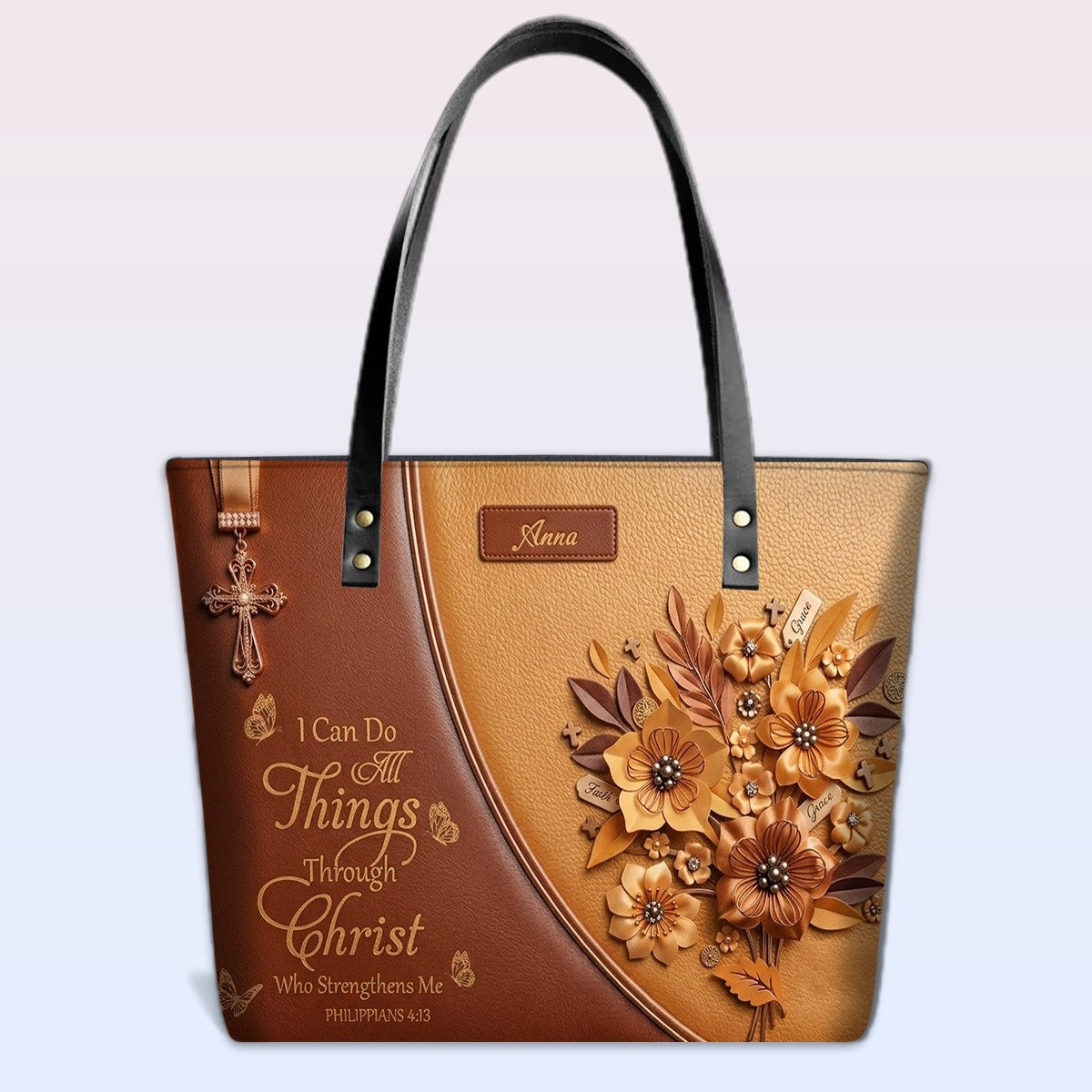 Personalized Leather Tote Bag with Custom Name - Christian Floral Scripture Handbag, Philippians 4:13 | CHRISTIANARTBAG 01072326