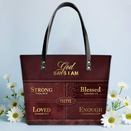 Personalized God Says I Am Leather Tote Bag, Custom Christian Gift - CHRISTIANARTBAG CAB01101326