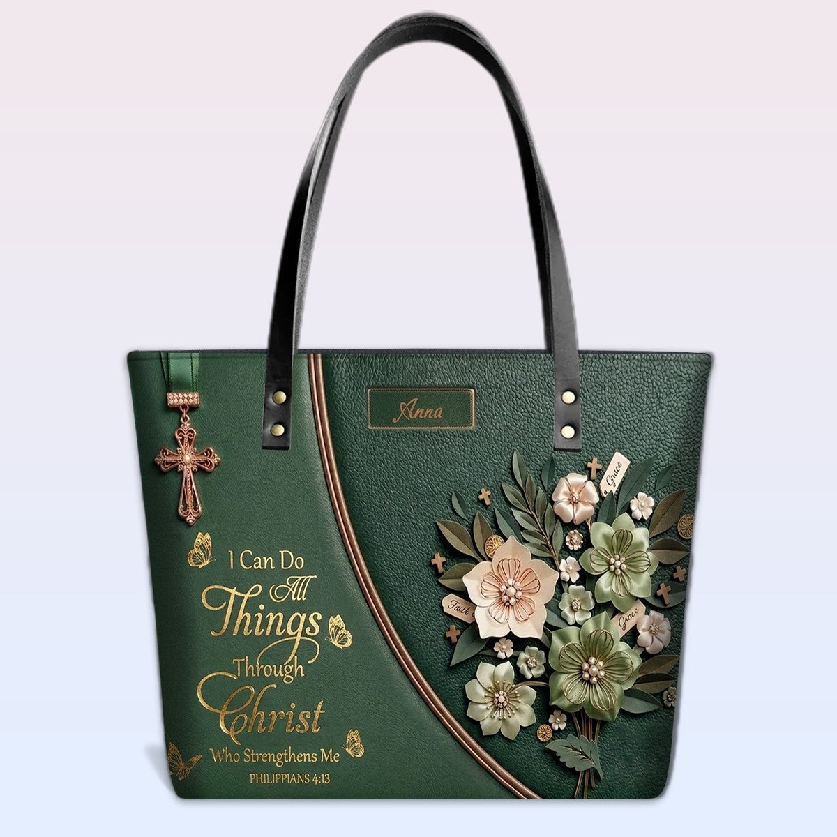 Personalized Leather Tote Bag with Custom Name - Christian Floral Scripture Handbag, Philippians 4:13 | CHRISTIANARTBAG 01072326