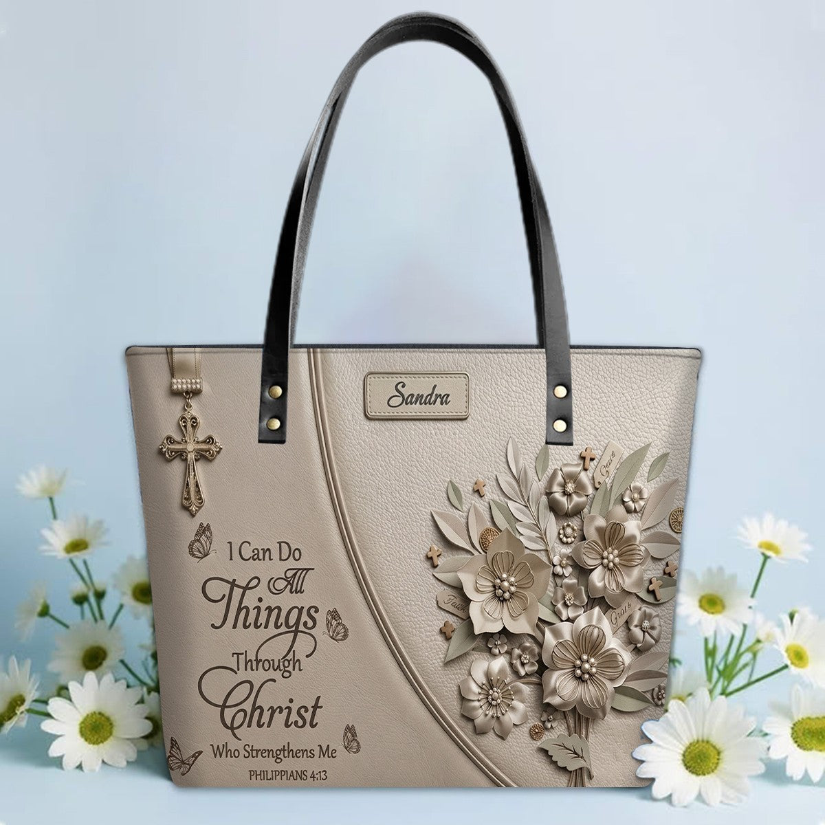 Personalized Leather Tote Bag with Custom Name - Christian Floral Scripture Handbag, Philippians 4:13 | CHRISTIANARTBAG 01072326