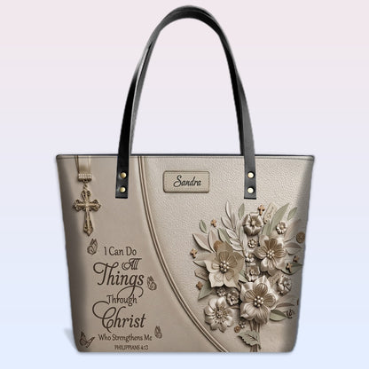 Personalized Leather Tote Bag with Custom Name - Christian Floral Scripture Handbag, Philippians 4:13 | CHRISTIANARTBAG 01072326